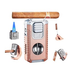 Cigar Lighter Triple Jet Flame Refillable Butane Torch Lighter with V Cutter Cigar Holder, Cigar Punch and Cigar Draw Enhancer for Smoking,Cigar Gift for Men (Gold)