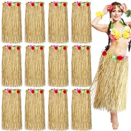 Janmercy 31.5 Inch 12 Pack Natural Raffia Hula Skirt Grass Skirt Flowered Luau Outfits for Birthdays Party Decorations