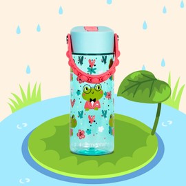 Elemental Leak Proof Water Bottles for Kids - Splash Kids Water Bottle for School with Fun Fidget Pop-it Handle - BPA Free Tritan Plastic Reusable Water Bottle with Straw - Fancy Frog - 18oz