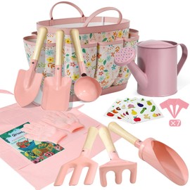 Kids Gardening Set 14Pcs Gardening Tools for Kids with Tote Bag,Watering Can, Shovel, Apron, Garden Book and More Educational STEM Learning Outdoor for Toddlers Boys Girls (Pink)