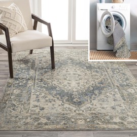 JONATHAN Y WSH317A-4 Pavel Distressed Medallion Low-Pile Machine-Washable Area Rug, Bohemian, Classic for Bedroom, Kitchen, Living Room, Easy-Cleaning, Blue/Cream, 4 ft. x 6 ft.