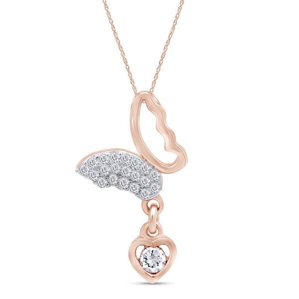 AFFY Round Sparkling White Cubic Zirconia Butterfly Heart Pendant Necklace