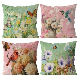 GAGEC Spring Pillow Covers 18x18 Inch Set of 4 Cardinal Hummingbird Decorative Throw Pillow Covers Floral Butterfly Seasonal Holiday Cushion Case Farmhouse Home Sofa Living Room Decorations