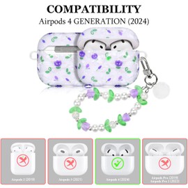 Compatible with AirPods 4 Case Protective Cover and Skin Case for AirPods 4 Gen Full Protection Protective Case with Pearl Lanyard for Girls Women Purple Flower