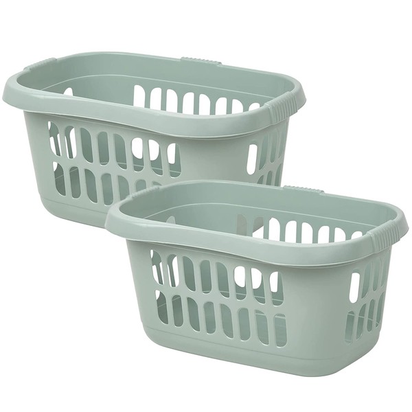 [𝐒𝐞𝐭 𝐨𝐟 𝟐] - Silver Sage Plastic Hipster Laundry Basket Washing Clothes High Grade Linen Storage Bin Tidy Storage Basket Organiser for Bathroom Laundry Room Kids Nursery (60L Laundry Basket)