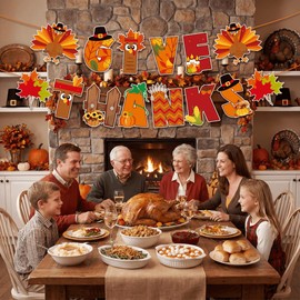 Large Thanksgiving Decorations GIVE Thanks Banner, Happy Fall and Reusable Thankful Banner with Colourful Turkey Pumpkin Maple Leaves, Friendsgiving Party Decorations for Indoor Outdoor