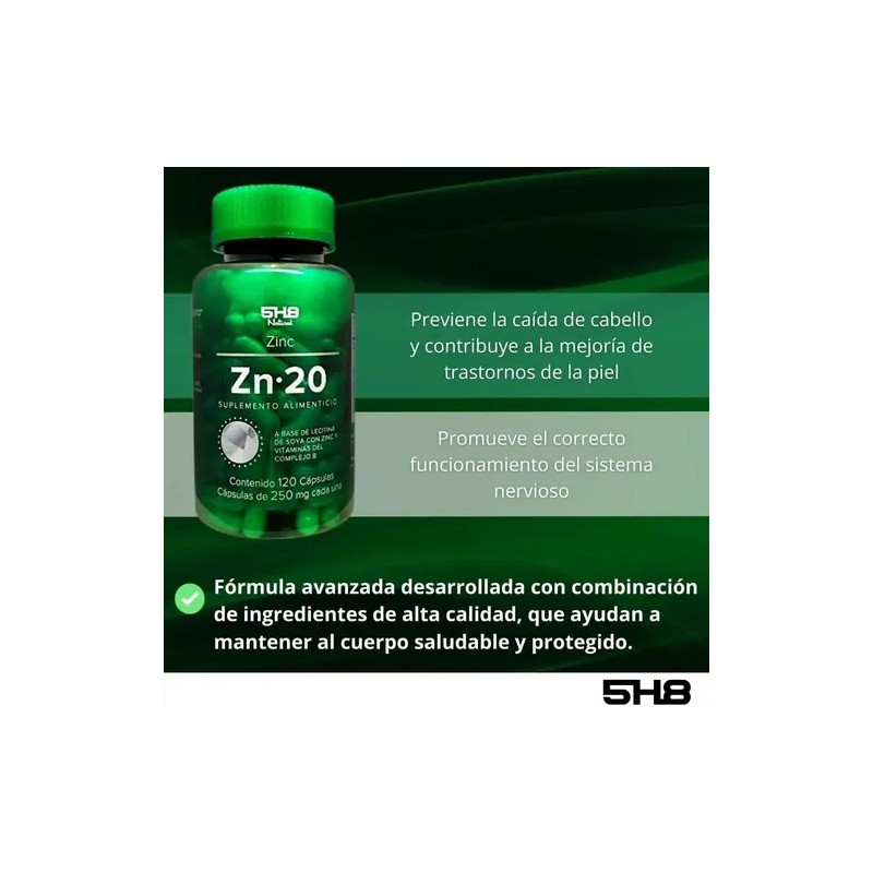 5h8 Zinc Zn2 120 Cápsulas, 20 Mgs De Zinc Complejo