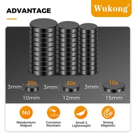 Wukong Black Magnets Set in 3 Sizes, 50 pieces 10mm/12mm/15mm x 3mm Thick Strong Fridge Magnets Mini Magnets for Magnetic Board, Pin Board, Whiteboard, Refrigerator Home Office