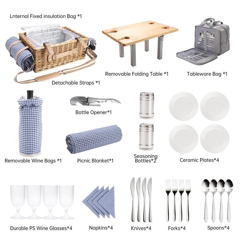 Wicker Picnic Basket Set for 4 with Detachable Table, Portable