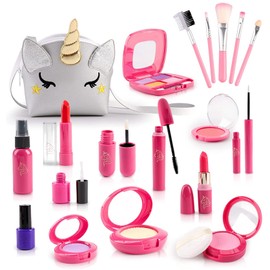 STAY GENT Pretend Makeup Sets for Girls Aged 3 4 5+ Years Old, 20pcs Kids Make Up Toys Kit with Silver Unicorn Bag Fake Makeup Little Girls Role Play Toys Gift for Children Toddlers Birthday Christmas