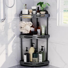 Binecer Corner Shower Caddy Standing, 3 Tier Shower Organizer Stand with Soap Holder, Rustproof Shower Shelves for Bathroom Storage, Grey