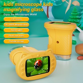 2.4" Screen Pocket Kids Microscope: 1000X Handheld Microscope for Photo and Video - Portable Science Kits STEM Toys – Christmas/Birthday Gifts for Girls & Boys Ages 3-12(Orange)