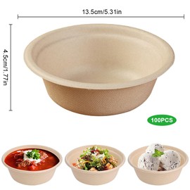 Puedno Pack of 100 Ecological Disposable Soup Bowls, 350 ml Paper Bowls, Disposable Soup Bowls, Disposable Sugarcane Tableware, Organic Soup Bowl, Compostable, Brown