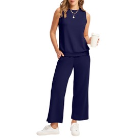 WIHOLL Summer Sets for Women Airport Travel Outfit Two Piece Sets Loungewear Matching Clothes Vacation Outfits Navy M