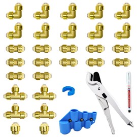 Pushfit Plumbing Fittings 1/2 Inch,Brass Push Fittings 1/2 Inch for Pex,Copper,CPVC,12PCS Coupling,10PCS Elbow,4PCS Tee Fitting,2PCS End Cap, Pack of 28 with Pipe Cutter,Deburring Tool,Disconnect Clip