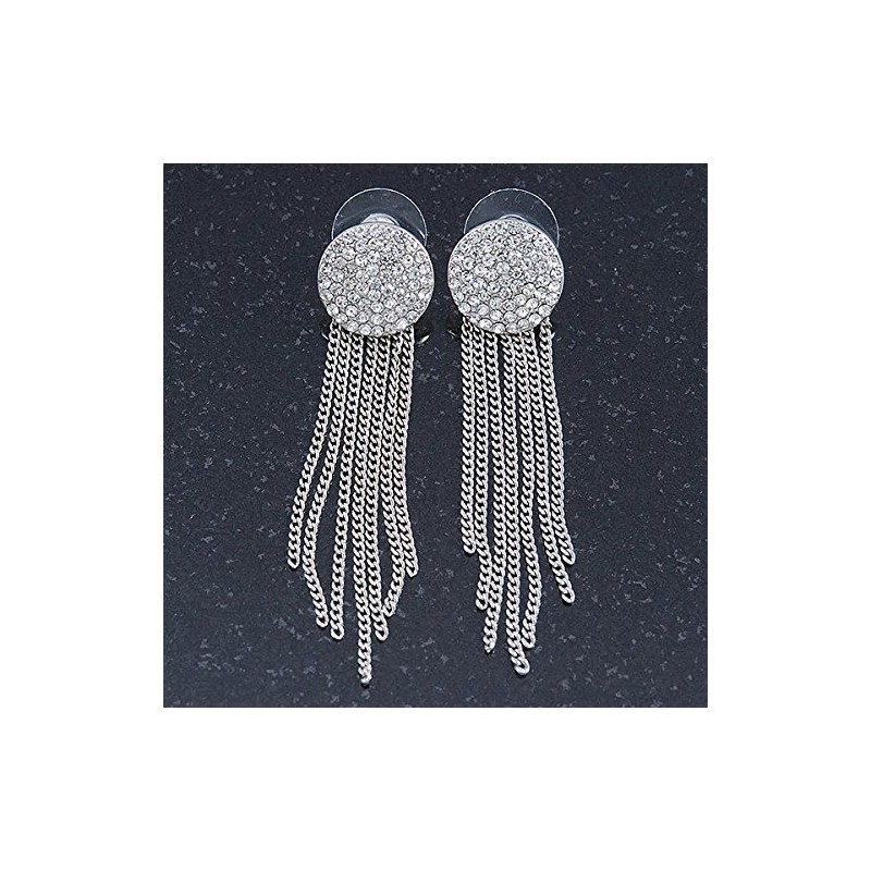 Silver Tone Clear Crystal Pave Set Button with Multi Chain