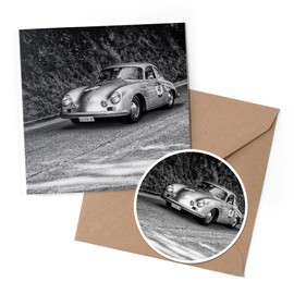 1 x Greeting Card & 10 cm Round Sticker Set - Vintage Race Car Sports - Birthday Thank You Friend Lover Fan Mum Dad Kids #12653