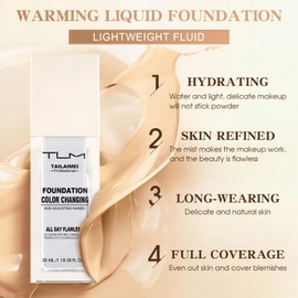 Farbwechselnde Foundation für Reife Haut, Foundation Color Changing, Foundation Make Up, Make up Hautton Anpassend für Alle Hauttypen, Feuchtigkeitsspendend, Natürlicher Hautton, 35ml