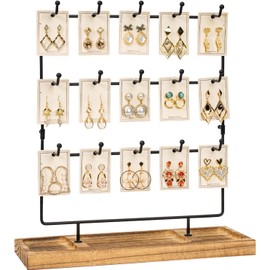 Emfogoo Earring Storage Organiser for Selling, Solid Wood Earring Holder with 15 Hooks for Earring Cards, Bracelets,Keychains, Necklaces, Jewelry Display Stand for Women Girls Gifts(Rustic Brown)