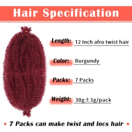 Marley Hair 12 Inch 7 Packs Pre Separated Springy Afro Twist Hair Red Marley Twist Braiding Hair for Faux Locs Crochet Hair Pre Fluffed Spring Twist Hair Synthetic Hair Extensions (12",BUG)