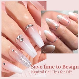 240Pcs False Nails Kit - Natural Gradient Pink Fake Nails with Glue - Acrylic Coffin Press on Nails White Pink Gradient Tips - 12 Sizes Glossy Full Cover Stick on Nails for Women