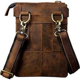 Le'aokuu Mens Genuine Leather Fanny Small Messenger Shoulder Satchel Waist Bag Pack 8711 (8711 A-Dark Brown)