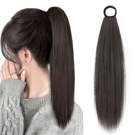 Ponytail Wig, Hair Extension, Long, Straight, Elastic, Ponytail Extension, 17.7 inches (45 cm), Point Wig, Hair Extension, Ponytail Hair Extensions (brownish black)