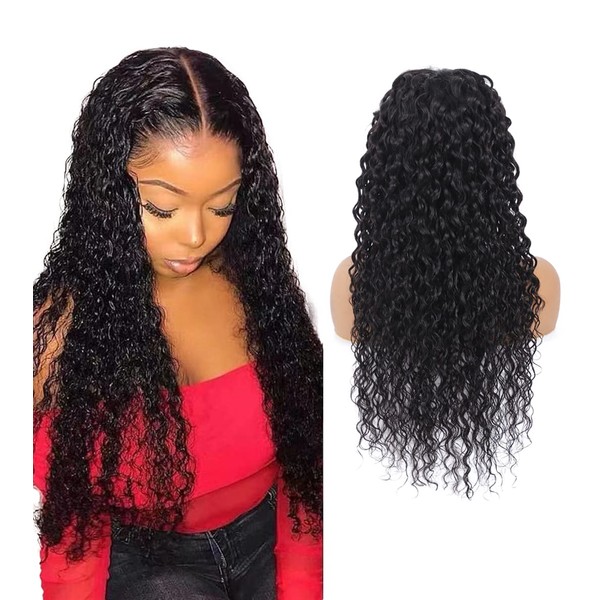 Real Hair Lace Front Wig 13 x 4 Lace Front Wig Water Wave Wig 9A Brazilian Virgin Hair Wig Lace Front Wig 150% Density Pre Plucked for Black Women Black Colour #1B Glueless Wig 20 Inches