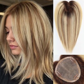 starluck Hair Toppers for Women Real Human Hair, 5.5"*5" MONO Large Base,100% Human Hair Toppers for Women,56g Hand-moven Hair Topper,Add Volume,Ombre Blonde with Brown Highlight