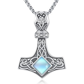 LOOVE Thor Hammer Necklace for Women Sterling Silver Mjolnir Necklace for Men Nordic Protection Amulet Viking Hammer Pendant Moonstone Thor Hammer Jewelry