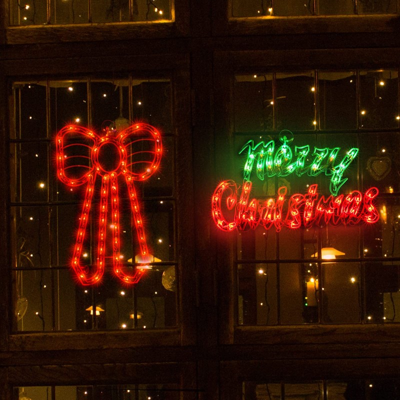 LAMPHOME 2 Pack Lighted Merry Christmas and Bow Christmas Window