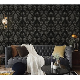Black Vintage Floral Wallpaper Peel and Stick Removable Black Contact Paper Self-Adhesive Waterproof Wallpaper Decorative for Walls Bedrooms Cabinet Vinyl Roll 196.8"x 16.1"