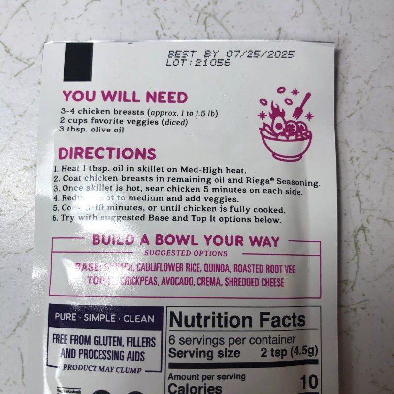 RIEGA Seasoning BLACKENED CHICKEN BOWL Seasoning, 1oz, BB 7/25, 2