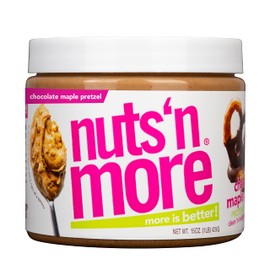 Nuts ‘N More Chocolate Maple Pretzel Peanut Butter Spread, Added Protein All Natural Snack, Low Carb, Low Sugar, Non-GMO, High Protein Flavored Nut Butter (15 oz Jar)