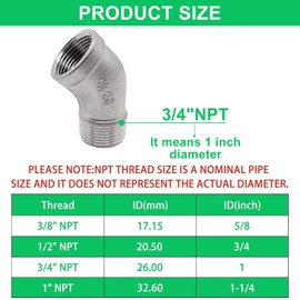 SWZHAI 2PCS 45 Degree Elbow 3/4" NPT Male to 3/4" NPT Female Street Elbow 304 Stainless Steel Pipe Fittings Male to Female Threaded Coupler