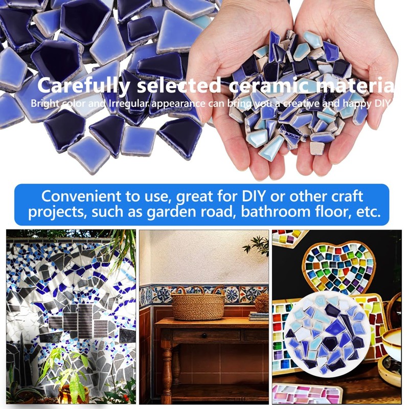 Tofficu DIY Mosaic Ceramic Tiles Irregular Shape Blue Mix 200G