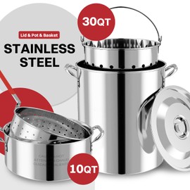 30QT Stainless Steel Turkey Fryer | Outdoor Fryer | Cover & Skimmer Included | Seafood Boil Pot | 50,000BTU Propane Burner | Deep Fryer Pot with Basket | Crab, Seafood & Crawfish Boiler