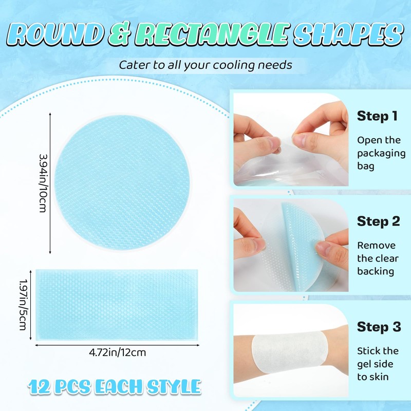24 Sheets Round Rectangle Cooling Patches for Instant Remission from
