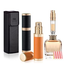 TOPTHY Perfume Travel Refillable, Portable Mini Cologne Sprayer Bottle Pocket Size 5ml Pump Fill Fragrance Atomizer with Leather Case for Men Women (Black & Orange)