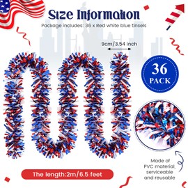 Jexine 36 Pieces 236 Feet Red White Blue Garland Decorations Patriotic 4th of July Tinsel Glitter Memorial Day Independence Day Metallic Garland for Labor Decorations