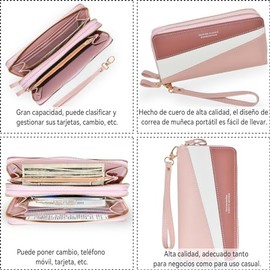 Cartera para Mujer de Cuero PU, Billetera de Gran Capacidad, Rosa | Monedero Mujer Embrague Bolsillo con Cremallera y 8 Tarjetero de Crédito, Monedero