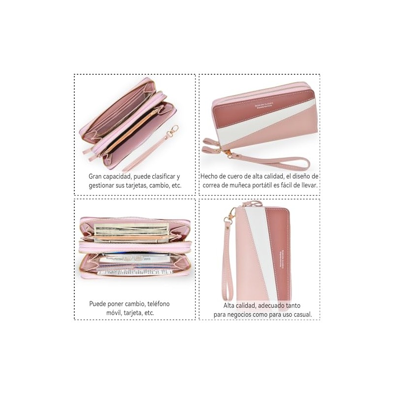 Cartera para Mujer de Cuero PU, Billetera de Gran Capacidad,