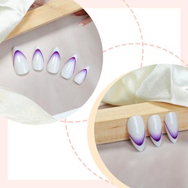 Purple Gradient Press on Nails Purple Curve Line Stick on Nails Medium Almond White French Tips Acrylic Fake Nails 24 Pcs Glossy Purple Ombre False Nails Blooming Gel Glue on Nails for Women Girls