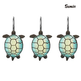 Sunlit Sea Turtle Shower Curtain Hooks, Home Decorative Shower Curtain Rings for Bathroom, Resin, Ocean Shower Curtain Hanger Hooks for Kid Room Living Room, Set of 12