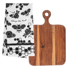 Karma, Boho Tea Towel with Acacia Wood Cutting Board, 100% Cotton Hand Towel for Kitchen – Housewarming Gift Set Boho Kitchen Home Décor, Bee