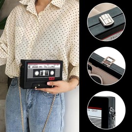 Aoreun Cassette Handbag Retro Shoulder Bag Women's Slanted Shoulder Bag Radio Handbag Bag Cassette Shoulder Bag 90s Chain Bag for 80s 90s Disco Party Decoration, black