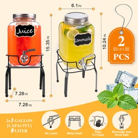 1 Gallon Glass Drink Dispensers For Parties,Beverage Dispenser with Stand,18/8 Stainless Steel Spigot Leakproof,Lemonade Dispenser for Sun Tea, Homemade Juice （2 Pack)