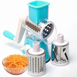 Rotary Cheese Grater and Vegetable Slicer Kitchen Mandoline with Strong Suction Base, 3 Interchangeable Blades, Plastic & Stainless Steel  Food Prep - Color: Blue Color