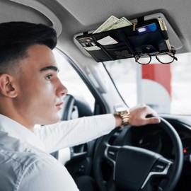 Car Sun Visor Organizer, Auto Interior Accessories Pocket Organizer Card Small Document Storage Pouch Holder, PU Leather, Multi-Pocket with Zipper Net (Black, One size)