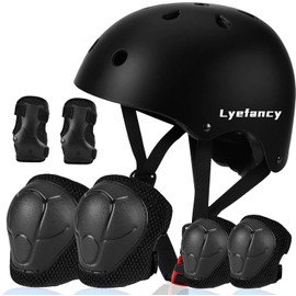 Lyefancy Kids Bike Helmet and Pads Set for 3-13 Years old Boys Girls, Toddler Helmet Protection Gear Set, Adjustable Safety Kids Helmet Knee Pads Set for Scooter Cycling Skateboard Skating(Black, M)